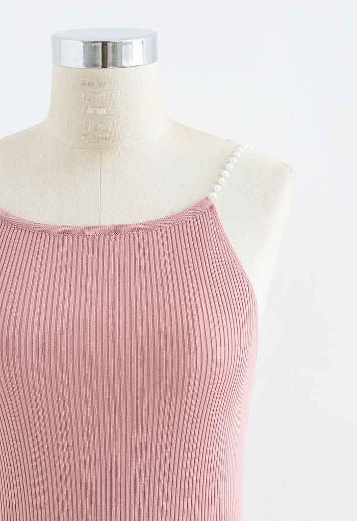 Débardeur camisole en tricot à bretelles perlées en rose