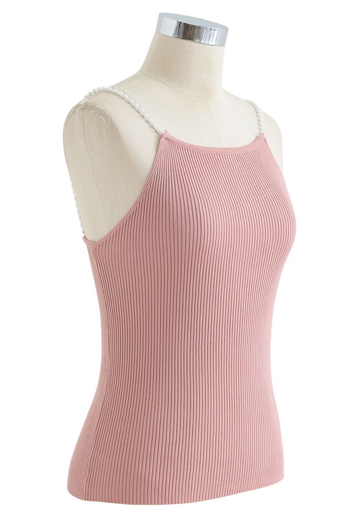 Débardeur camisole en tricot à bretelles perlées en rose