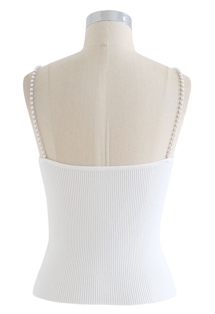 Débardeur camisole en tricot à bretelles perlées en blanc