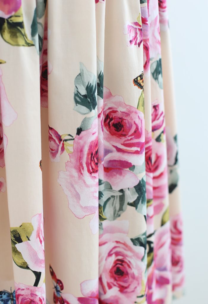 Blooming Pink Rose Robe plissée en coton imprimé rose en jaune clair