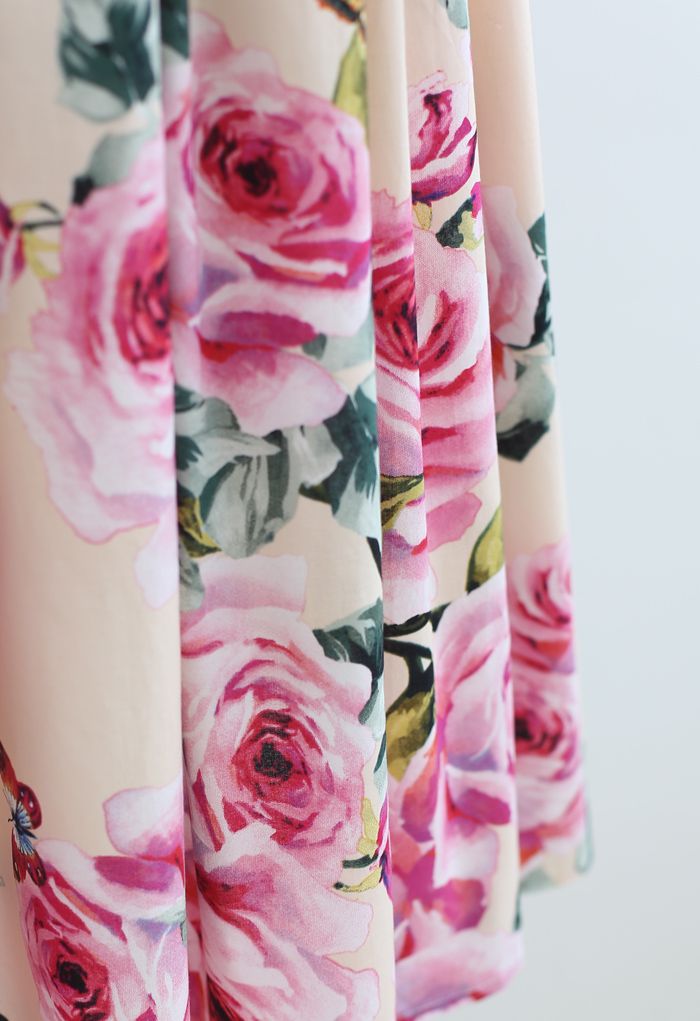 Blooming Pink Rose Robe plissée en coton imprimé rose en jaune clair