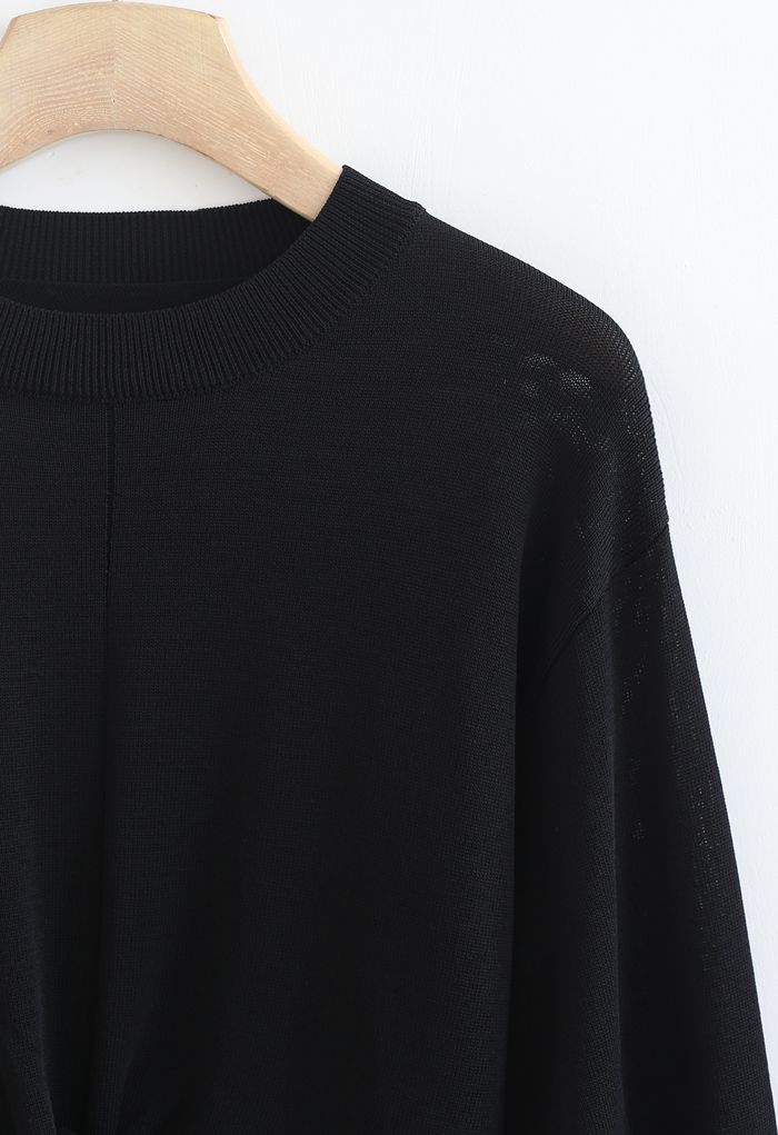 Haut court en tricot côtelé à taille torsadée en noir