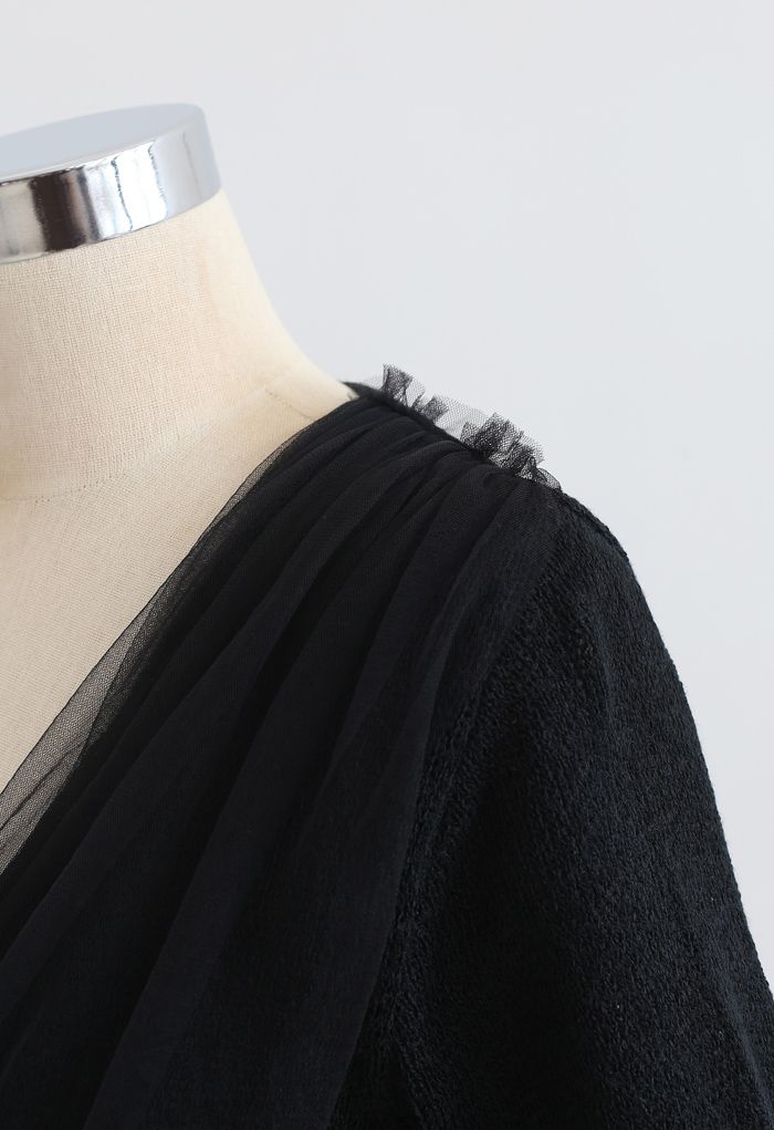 Haut court en tricot cache-cœur avec superposition en maille en noir