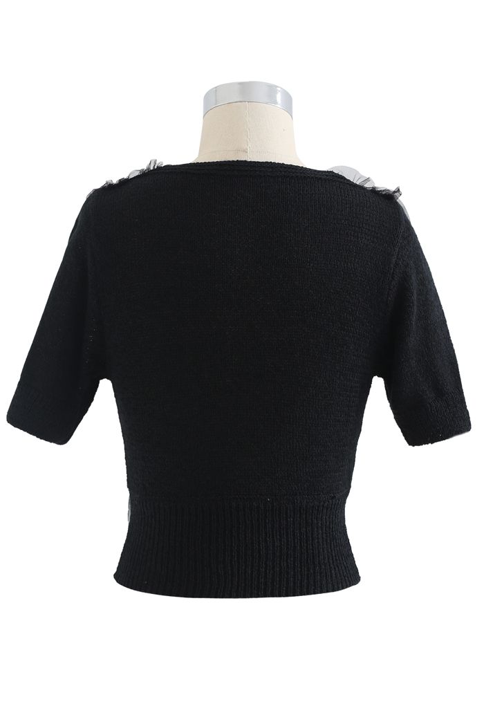 Haut court en tricot cache-cœur avec superposition en maille en noir