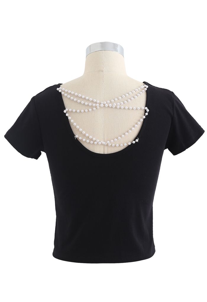 T-shirt court à chaîne de perles croisées en noir