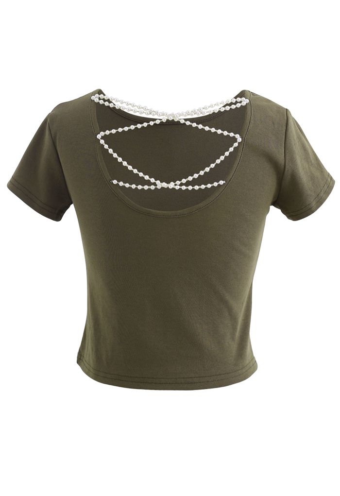 T-shirt court à chaîne de perles entrecroisées en olive
