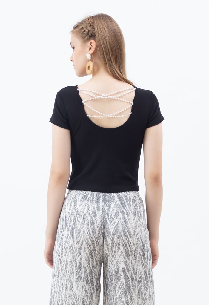T-shirt court à chaîne de perles croisées en noir