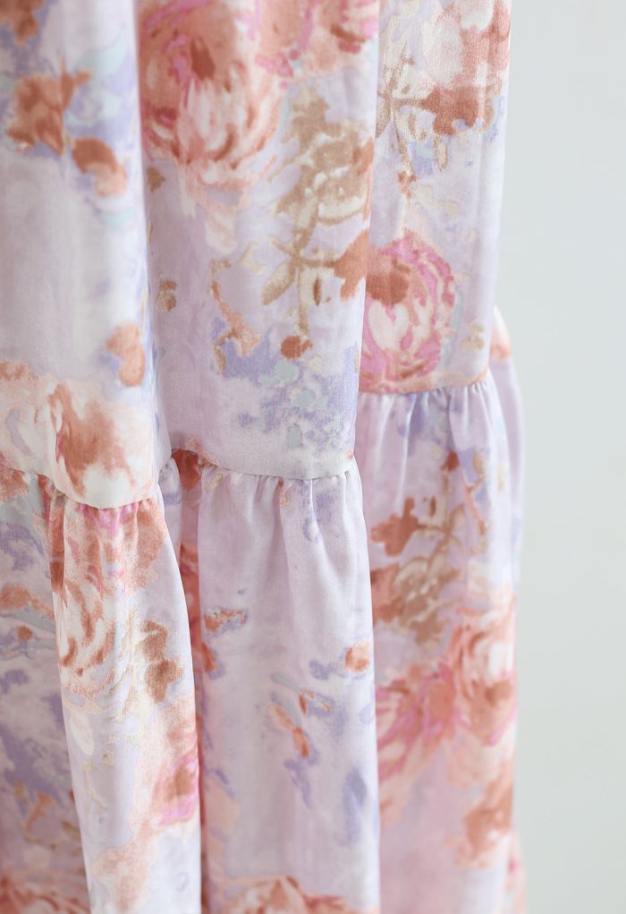 Robe longue rétro à volants enveloppée de roses en lilas