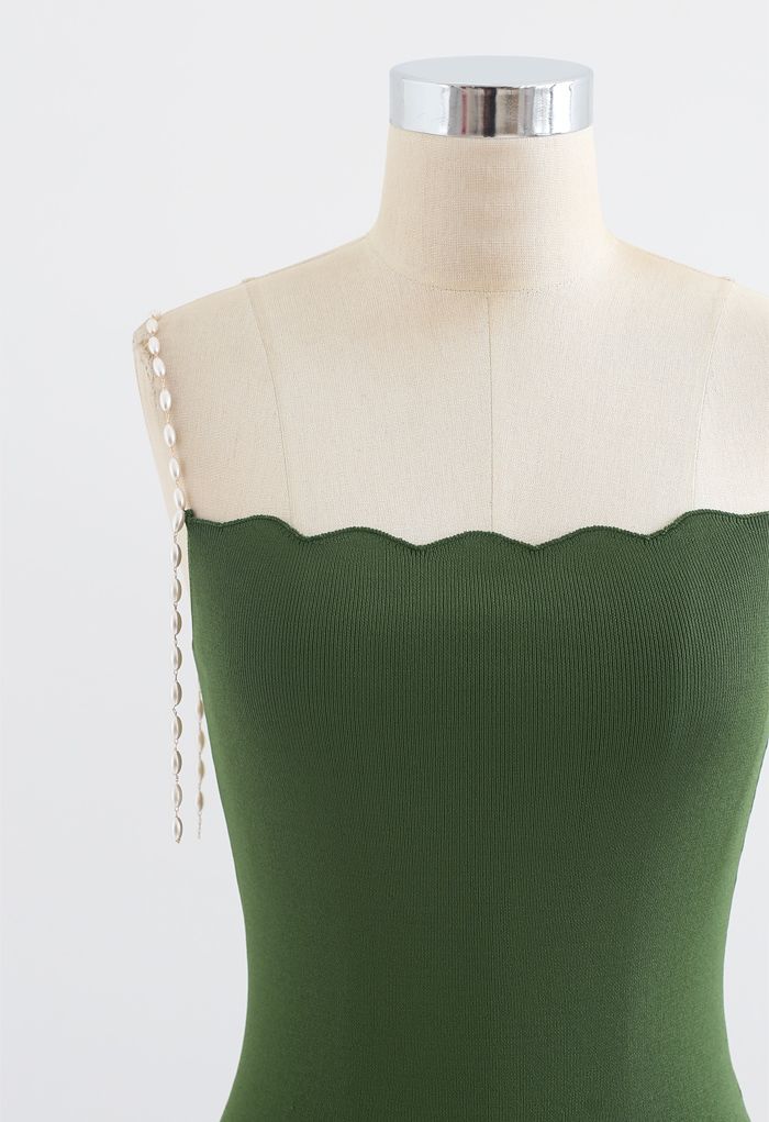 Robe nuisette moulante en tricot à bretelles et perles en vert