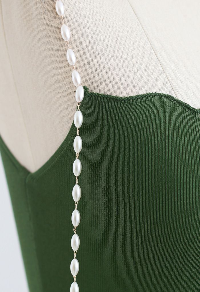 Robe nuisette moulante en tricot à bretelles et perles en vert