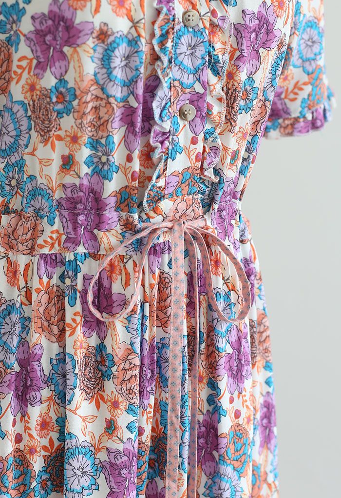 Robe maxi bohème boutonnée fleurie avec cordon de serrage à la taille en lilas