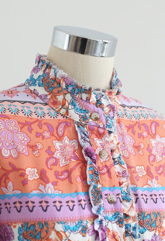 Robe maxi bohème boutonnée fleurie avec cordon de serrage à la taille en lilas