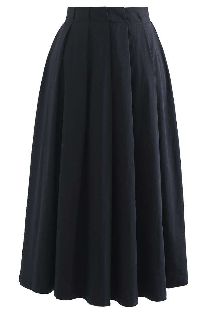 Jupe mi-longue plissée trapèze en coton noir