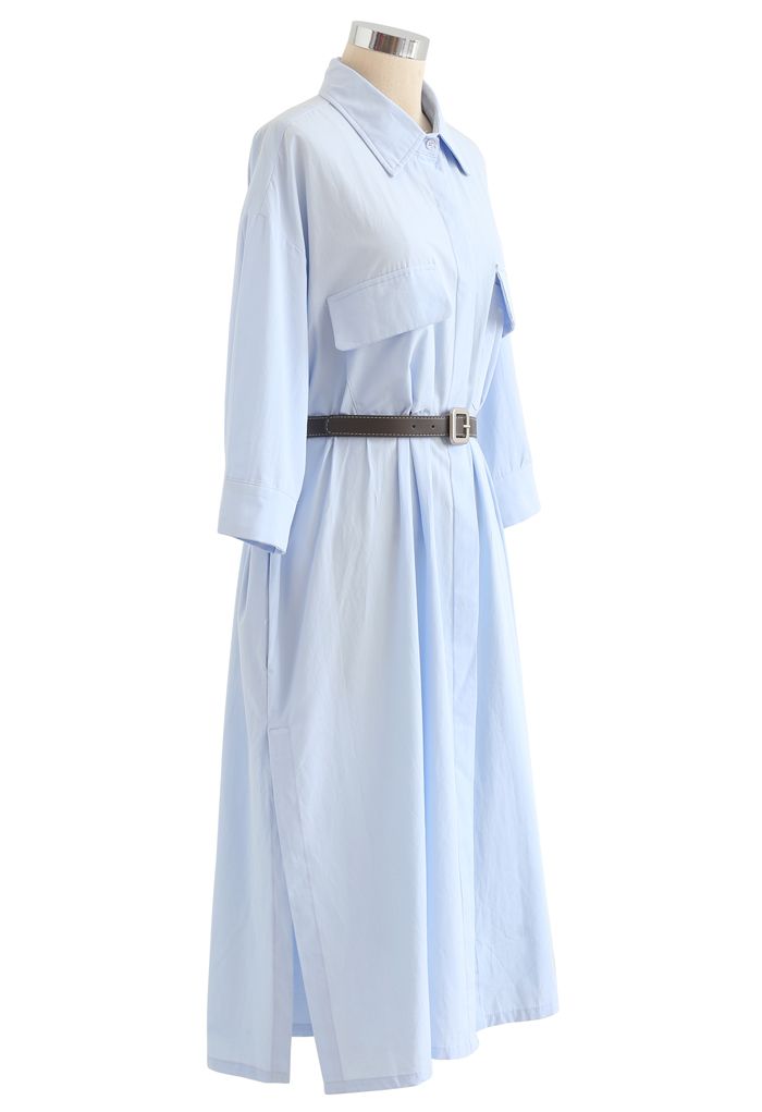 Robe chemise boutonnée en coton ceinturée en bleu ciel