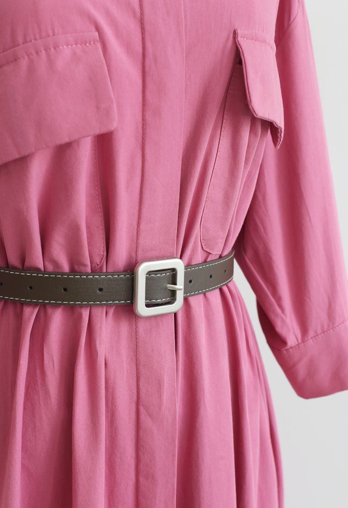 Robe chemise boutonnée en coton avec ceinture en rose