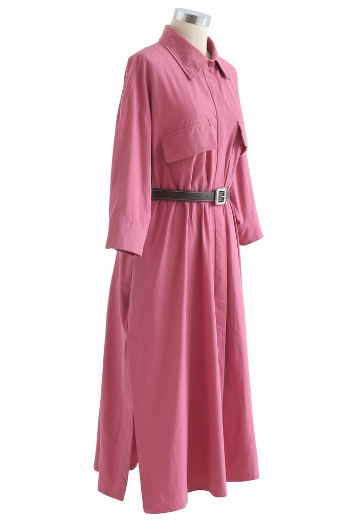 Robe chemise boutonnée en coton avec ceinture en rose