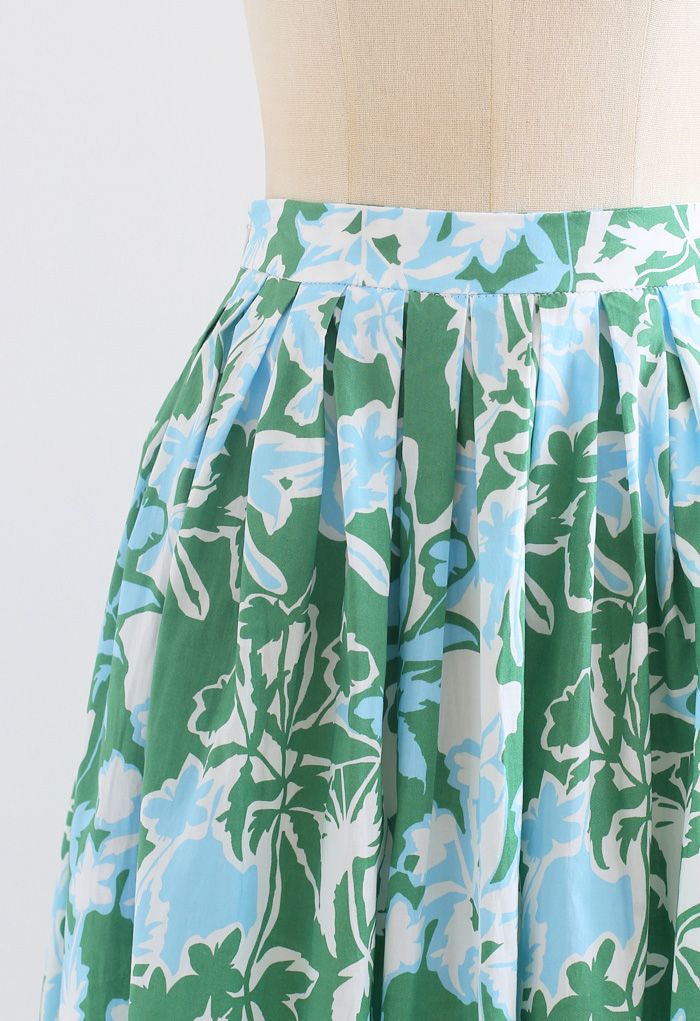 Jupe mi-longue plissée à imprimé floral d'été en vert
