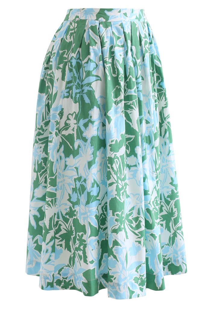 Jupe mi-longue plissée à imprimé floral d'été en vert