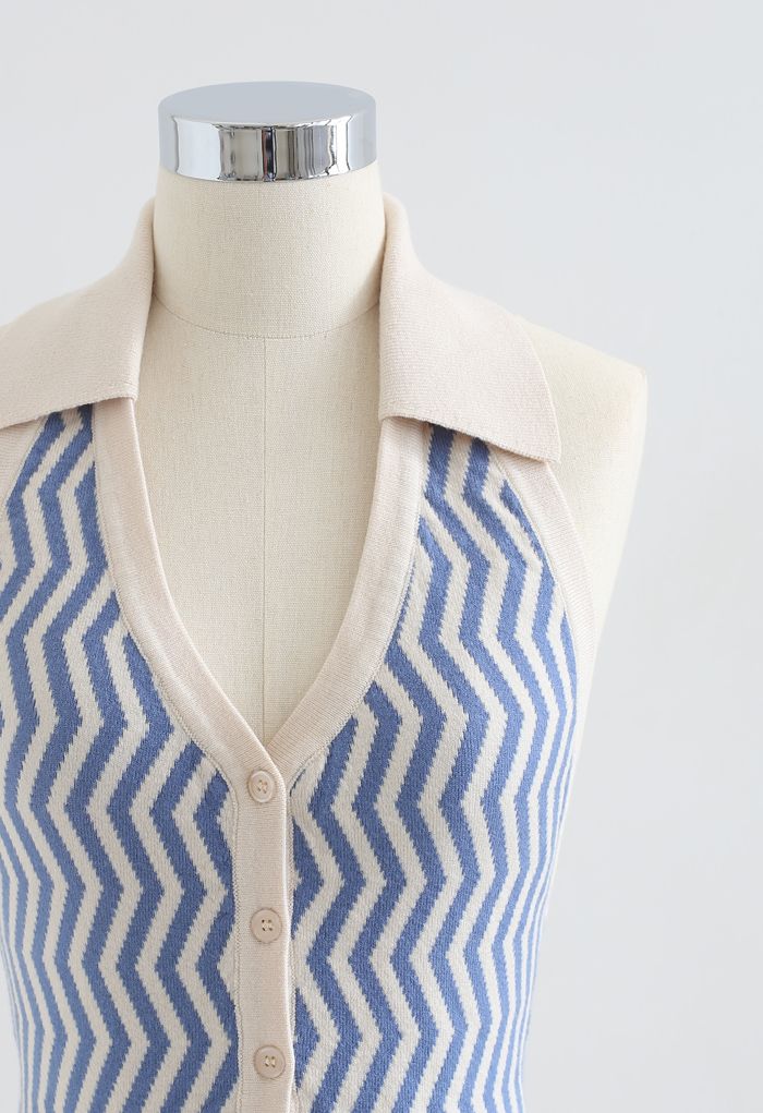 Haut en tricot court boutonné en zigzag à col licou