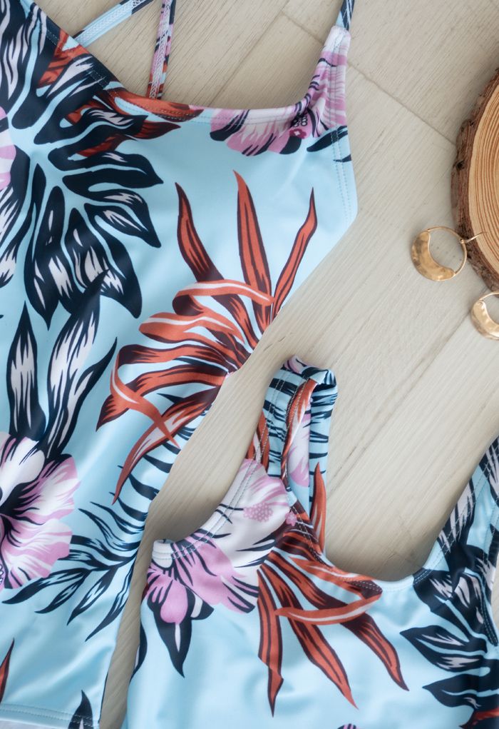 Maillot de bain camisole à volants à imprimé floral tropical pour maman et enfants