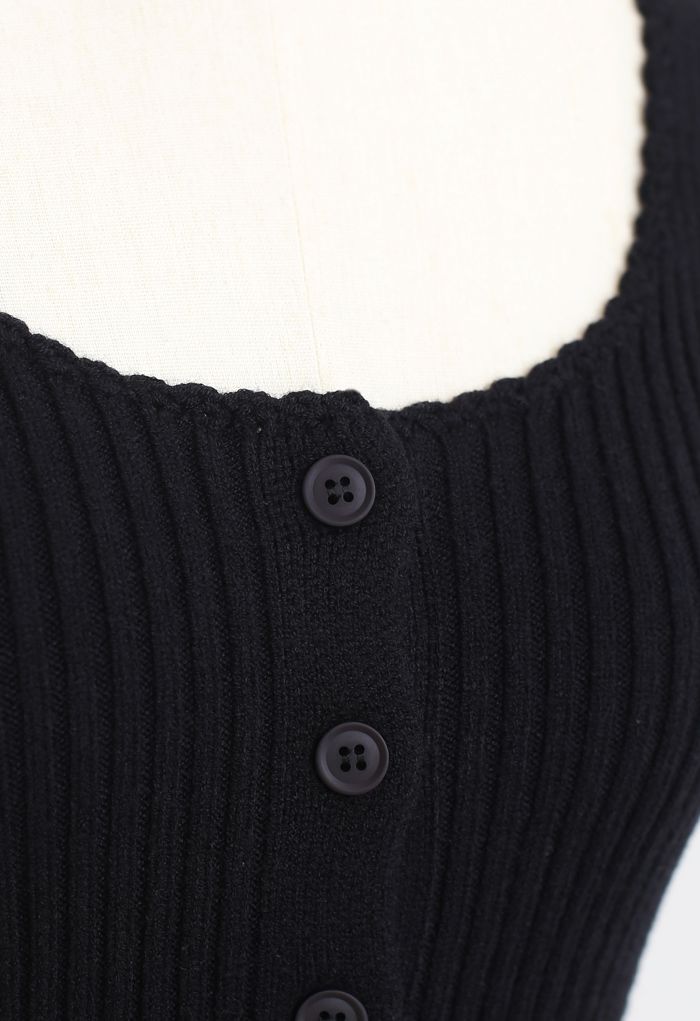 Débardeur court boutonné en tricot côtelé en noir
