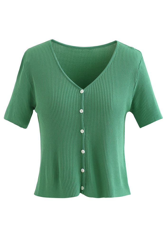 Haut en tricot côtelé à manches courtes et col en V boutonné en vert