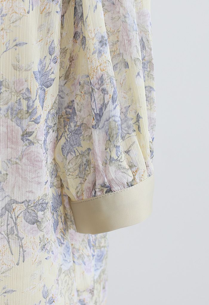 Chemise transparente vintage à col noué à fleurs en vert mousse