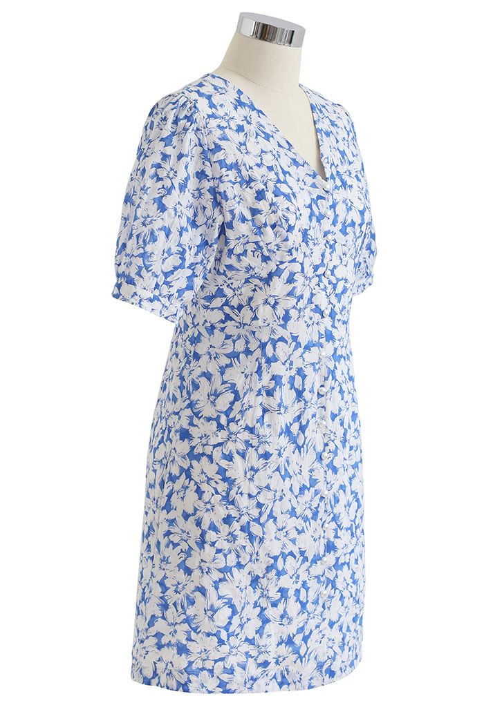 Mini robe à col en V Gentle Blossom en bleu