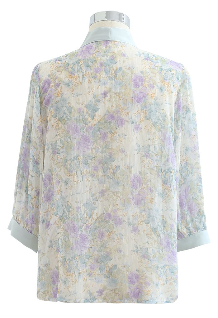 Chemise transparente à col noué à fleurs vintage à la menthe
