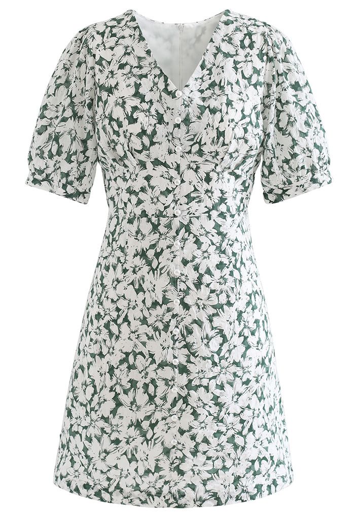 Gentle Blossom Mini robe boutonnée à col en V en vert