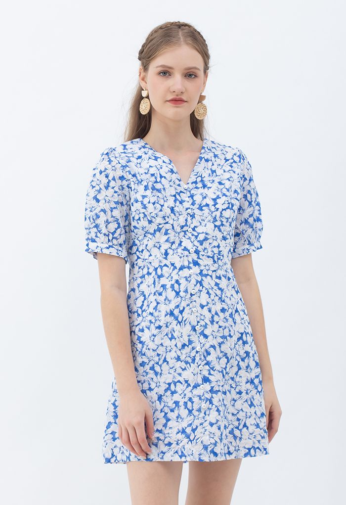 Mini robe à col en V Gentle Blossom en bleu