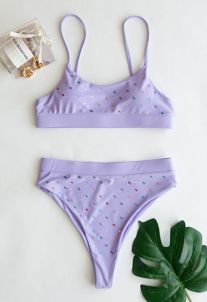 Ensemble de bikini à sequins colorés en lilas
