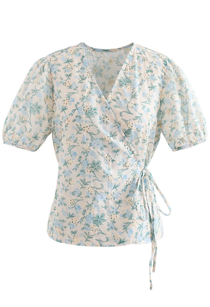 Self-Tie Blue Floral Broderie Anglaise Wrap Top