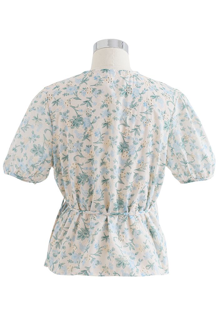 Self-Tie Blue Floral Broderie Anglaise Wrap Top