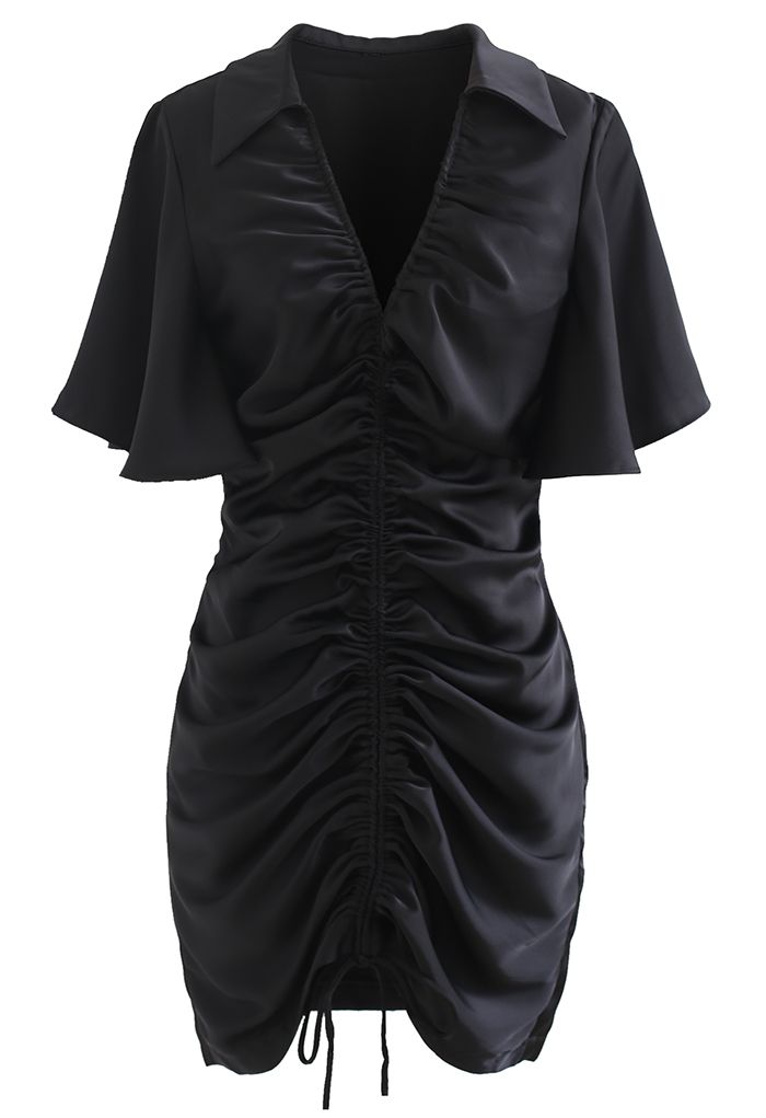 Mini-robe à manches évasées avec cordon de serrage sur le devant en noir