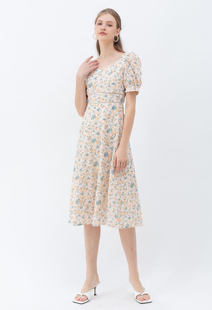 Sweetheart Neck Floral Broderie Anglaise Midi Dress