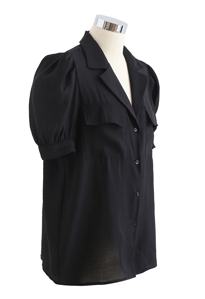Chemise boutonnée à col cranté et poche à rabat en noir