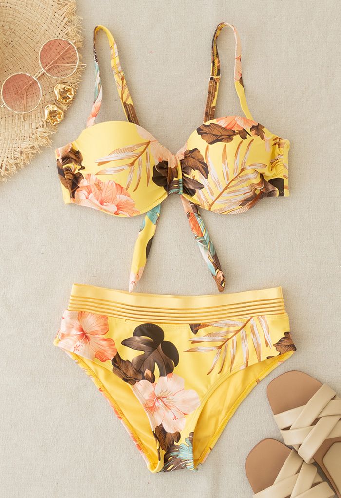 Ensemble de bikini bustier imprimé feuilles tropicales en jaune