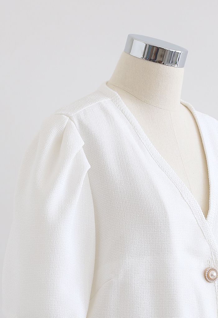 Blazer en tweed à manches courtes et boutons nacrés en blanc