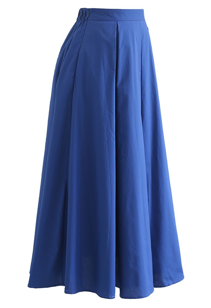 Jupe mi-longue trapèze à taille haute et plis creux en bleu