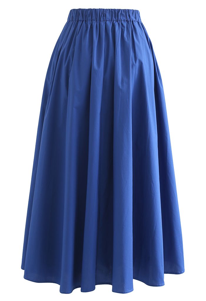 Jupe mi-longue trapèze à taille haute et plis creux en bleu