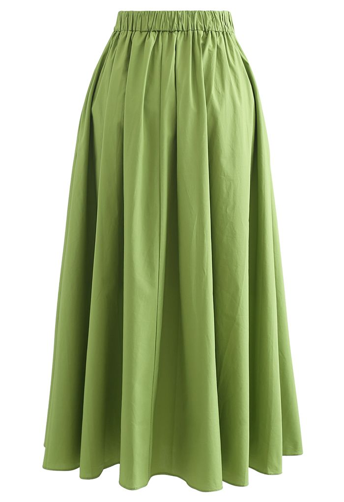 Jupe mi-longue trapèze à taille haute et plis creux en vert