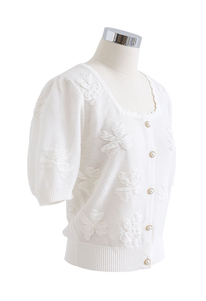 Cardigan boutonné en tricot papillon gaufré en blanc