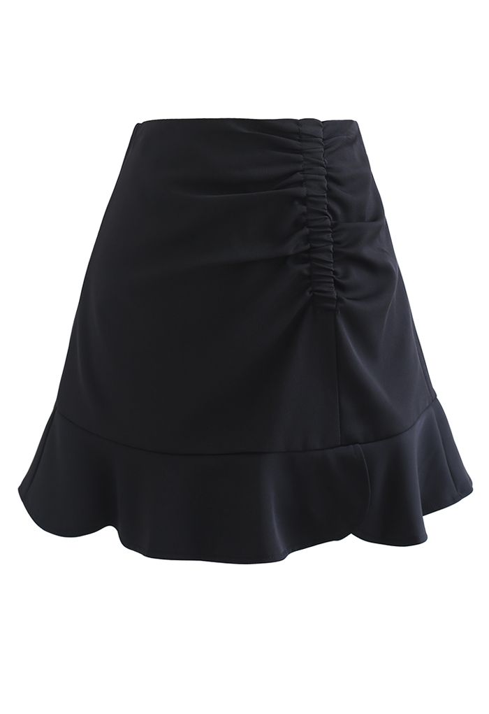 Mini-jupe froncée à ourlet volanté en noir
