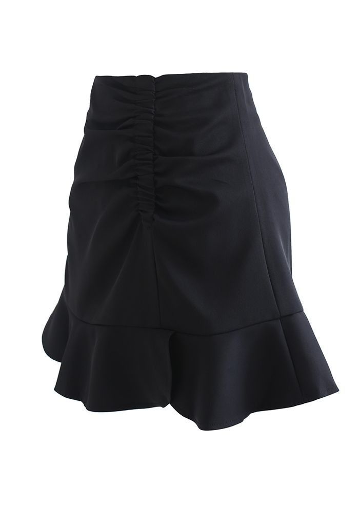 Mini-jupe froncée à ourlet volanté en noir