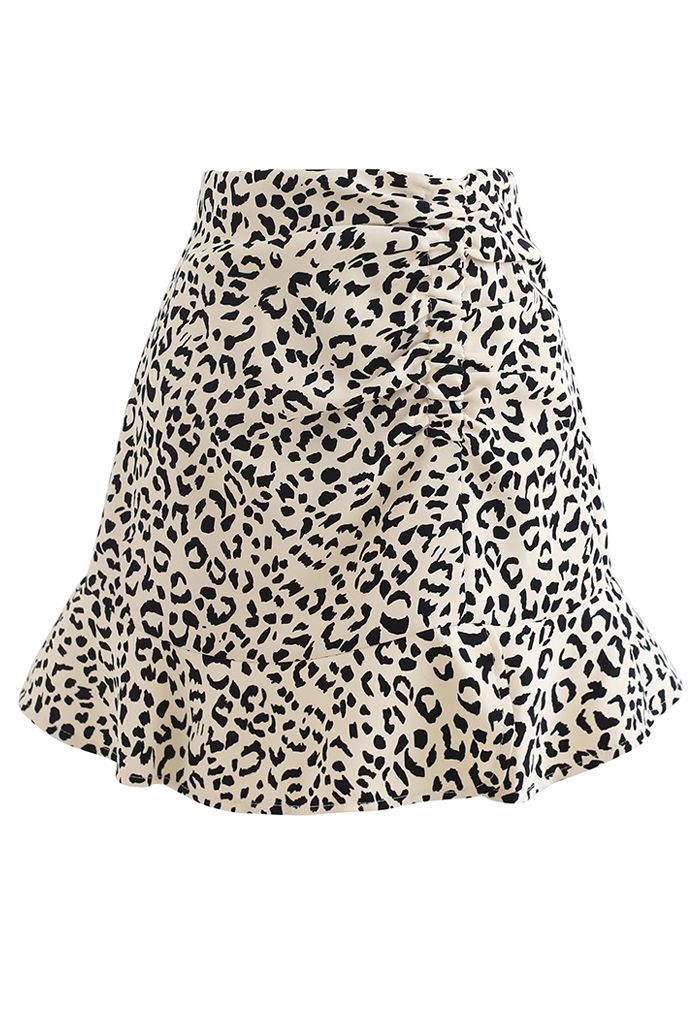 Mini-jupe froncée à l'avant avec ourlet à volants léopard en crème