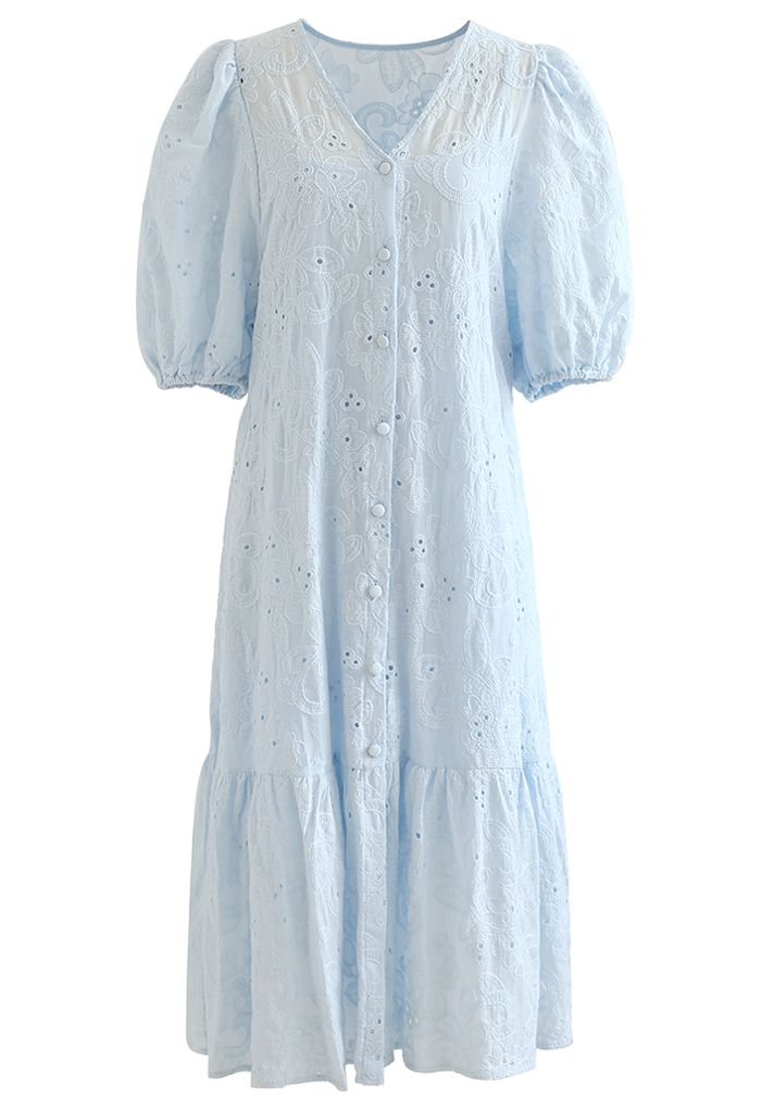 Robe Dolly Brodée Boutonnée à Manches Bulles en Bleu