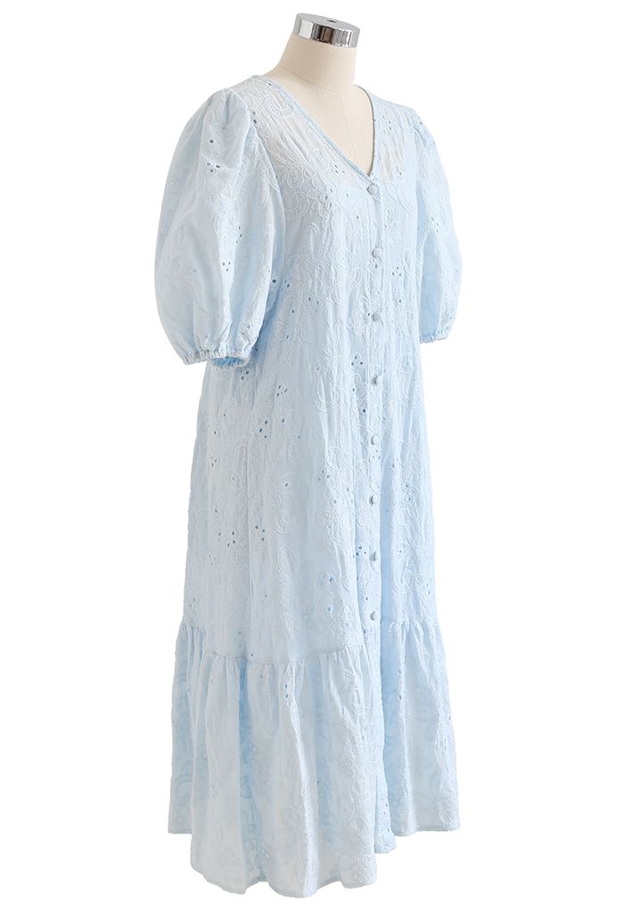 Robe Dolly Brodée Boutonnée à Manches Bulles en Bleu
