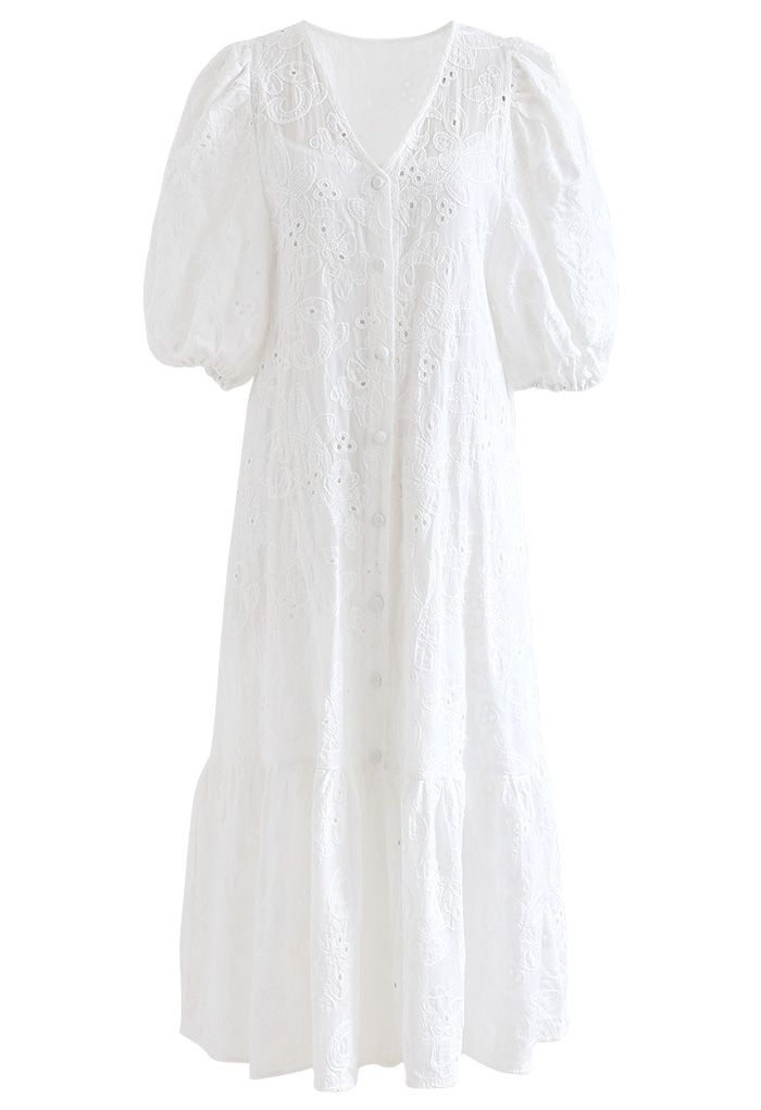 Robe Dolly Brodée à Manches Bulles Boutonnées en Blanc
