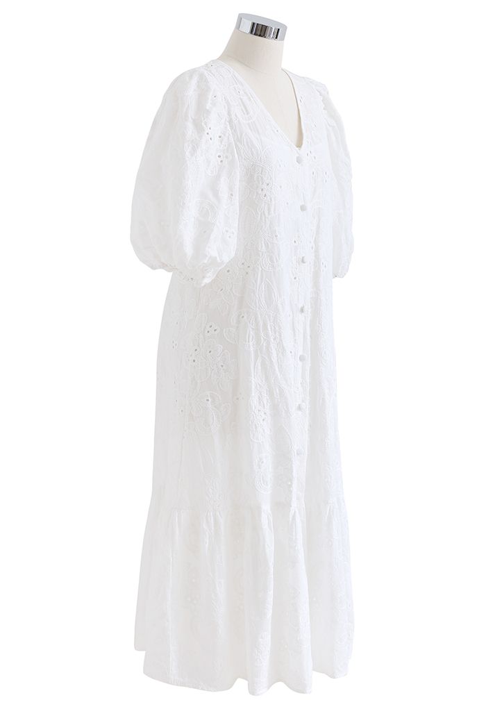 Robe Dolly Brodée à Manches Bulles Boutonnées en Blanc
